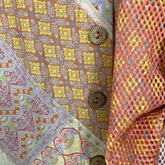 NWOT VINCENTE Tunic Patchwork Floral Multi Fishnet Sleeve Button Spandex Coral - Picture 11 of 12